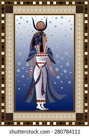 Egyptian ancient woman in winter at the rink. Isolated figure of egypt goddess. Vector illustration. 