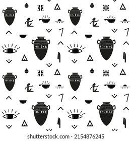 Egyptian animals. Seamless vector black and white pattern. Mythological flat Egyptian creatures.