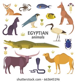 Egyptian animals. Vector illustration of African animals, such as camel, crocodile, buffalo, ibis, cat, Egyptian dog, and scorpio isolated on white.