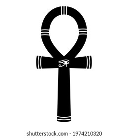 Egyptian ankh icon. Black occult symbol immortality with eye horus in center. Coptic cross eternal wisdom and protective key vector life.