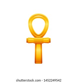 Egyptian ankh icon, life key, coptic ankh cross symbol. Old golden decoration from ancient Egypt art. Cartoon 3d realistic historical icon for logo. Vector illustration isolated on white background