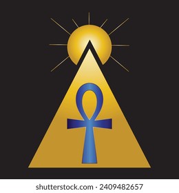 Egyptian Ankh, pyramid and the sun, spiritual symbol isolated on black background.