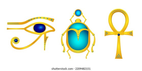 Símbolos egipcios de oro antiguo talismanes. Anciano ojo de horus con gemas azules y scarab mítico con disco místico transvectorial ankh