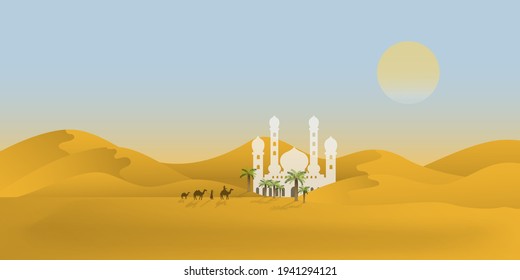 Egyptian or Arabian desert with mosque on horizon background in flat style design. Arabian desert landscape scenery with sunset, palm dates, sun, a camel caravan and mountain  in desert 