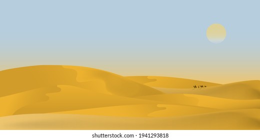 Egyptian or Arabian desert vector illustration background in flat style design. Arabian desert landscape scenery with sunset, palm dates, sun, a camel caravan and mountain  in desert 