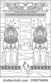 Egyptian arch. Egyptian statue. Sphinx. Ancient world. Engraving.Coloring for adults. Black and white vector illustration.