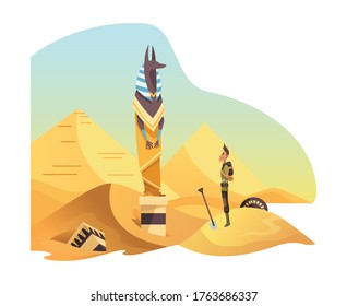Egyptian archaeology. Man stand in front of anubis