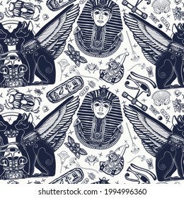 Egyptian art. Tutankhamen. Seamless pattern. Ancient Egypt. Golden king pharaoh, two winged black cats, sacred eye of god Horus 