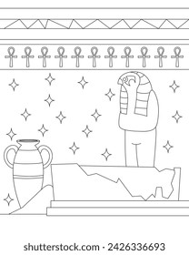 Egyptian background, wall. Coloring page, icon, black and white vector illustration. Coloring page, icon, black and white vector illustration.