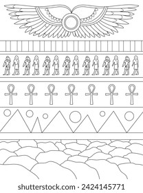 Egyptian background with wall and wings. Coloring page, icon, black and white vector illustration.