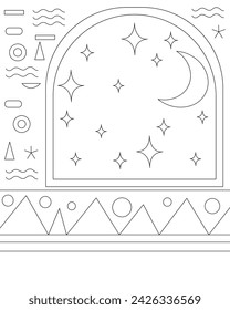 Egyptian background, window, wall. Coloring page, icon, black and white vector illustration. Coloring page, icon, black and white vector illustration.
