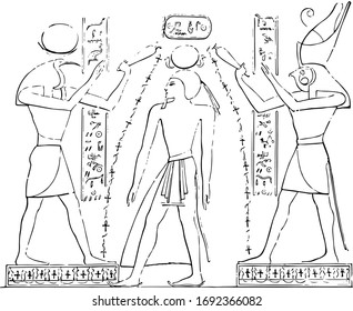 Egyptian bas-relief are between Thoth and Horus, vintage line drawing or engraving illustration.