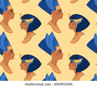 Egyptian Beauty Queens Cleopatra And Nefertiti. Seamless Pattern. Queen Of Egypt, One Of The Most Famous Women In History. Illustration In Vector.