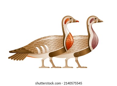 Vector de aves egipcio. Geese de Egipto. Arte de ganso faraón. Ilustración de pato salvaje. Símbolo de mitología del dios de la caricatura Geb. Animales antiguos. Icono de símbolo antiguo. Meidum geese