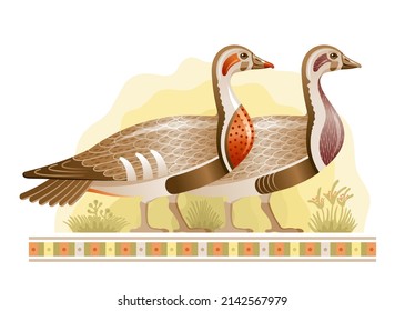 Egyptian bird vector. Geese from Egypt. Pharaoh goose art. Wild duck illustration. Cartoon god Geb mythology symbol. Ancient vintage animal. Old symbol icon. Mallard wildfowl vector art. Meidum geese