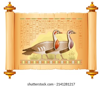 Egyptian birds vector. Geese from Egypt. Pharaoh goose art, papyrus with hieroglyph. Wild duck illustration. God Geb mythology symbol. Ancient vintage animal. Old symbol. Wildfowl vector. Meidum geese