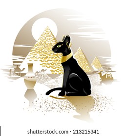 Egyptian black cat on the background of the pyramids. Vector illustration.