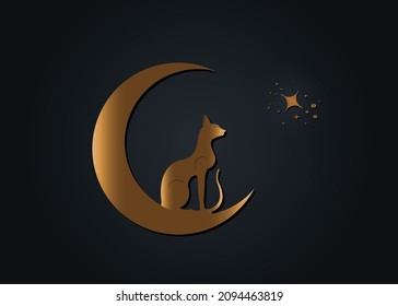 Egyptian Black Cat sitting on the crescent Moon, look at the stars. Golden Alchemy Logo Wicca symbol, boho style, gold tattoo icon. Vector illustration isolated on black background