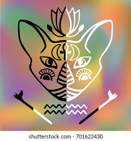 Egyptian black and white cat face vector Sacred animal of ancient Egypt Mystical cat face Egyptian hieroglyphic symbols Hand drawn tattoo cat on bright blurred background for textile, poster print