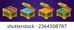 Egyptian box props full of treasure, gem and coin cartoon ui illustration set. Closed and open game chest with scarab icon in vector with diamond. Isolated cash money gui asset for app store.