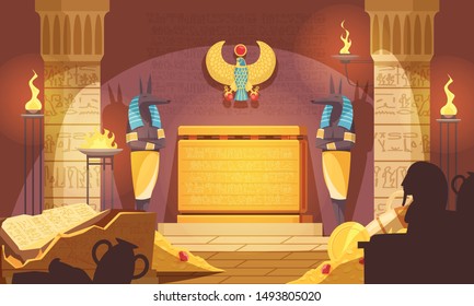 Egyptian burial chamber with god of death mummification figure guarding tomb food offerings dark silhouettes vector illustration  svg