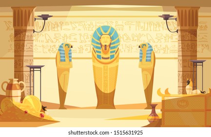 Egyptian burial chamber tomb interior with deceased and ibis bird doll mummies wall etching light vector illustration 