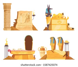 Egyptian burial chambers goods coffin tomb afterlife god offerings wall etching ritual fire 4 compositions vector illustration 