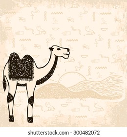 Egyptian camel  on hand drawn background with ancient symbols and dunes
