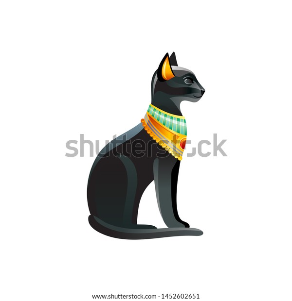 エジプト猫 バステトの女神 古代エジプトのネックレスのステータスを持つ黒猫 ロゴデザイン用のマンガ3dのリアル なアイコン 白い背景に古いスタイルのベクターイラスト のベクター画像素材 ロイヤリティフリー