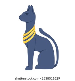 Gato egipcio. Diosa Bastet. Gato azul con collar de oro. Estatuilla del arte del antiguo Egipto. Icono dibujado a mano de dibujos animados. Diseño de logo. Ilustración vectorial aislada fondo blanco