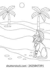 Egyptian cat in the desert, palm trees. Egyptian background.  Coloring page, icon, black and white vector illustration.