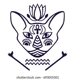 Egyptian cat face vector Sacred animal of ancient Egypt, cat face with Egyptian hieroglyphic symbols Hand drawn tattoo cat isolated on white background. Great as t shirt, tattoo, textile, poster print