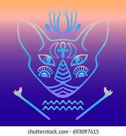 Egyptian cat face vector Sacred animal of ancient Egypt, mystical cat face with Egyptian hieroglyphic symbols Hand drawn tattoo cat on gradient background for t shirt, tattoo, textile, poster print