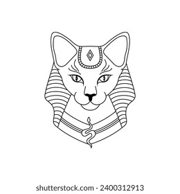 Egyptian cat in linear style on a white background. Ancient Egyptian goddess Bast or Bastet.