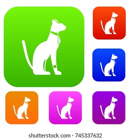 Egyptian cat set icon color in flat style isolated on white. Collection sings vector illustration