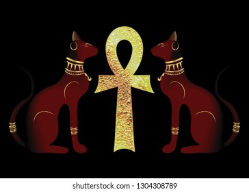 Egyptian cats and Antique golden ankh Egyptian religious symbol. Bastet, ancient Egypt goddess and cross, statue profile with Pharaonic gold jewelry, vector Illustration isolated or black background 