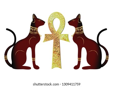 Egyptian cats and Antique golden ankh Egyptian religious symbol. Bastet, ancient Egypt goddess and cross, statue profile with Pharaonic gold jewelry, vector Illustration isolated or white background