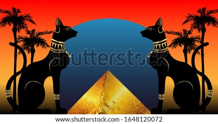 Egyptian cats and Antique Pyramid. Bastet, ancient Egypt goddess and palms, statue profile with Pharaonic gold jewelry. Egypt Pyramid Landmark Concept, Cairo City, Vector illustration