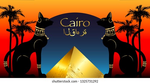 Egyptian cats and Gold Antique Pyramid. Bastet, ancient Egypt goddess and palms, statue profile with Pharaonic golden jewelry. Egypt Pyramid Landmark Concept, Cairo City, Vector illustration 