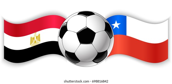 Egyptian and Chilean wavy flags with football ball. Egypt combined with Chile isolated on white. Football match or international sport competition concept.