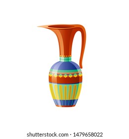 Egyptian clay amphora vase. Old geometric ornament decoration from ancient Egypt art, pottery craft. Cartoon 3d realistic, historical icon for logo. Vector illustration isolated on white background