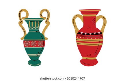 Egyptian Clay Vase with Old Ornament Vector Set