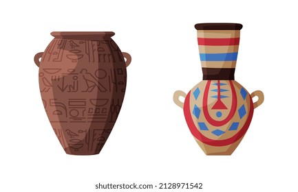 Egyptian Clay Vase with Old Ornament Vector Set