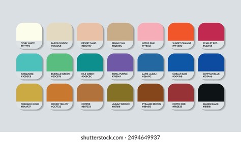 Ägyptische Farbpalette, Ägyptische Farbführungspalette mit Farbnamen. Katalog-Beispiele von Ägyptisch mit RGB-HEX-Codes. Dunkelton Farben Palette Vektorgrafik, Mode Trend Ägyptische Farbtöne Palette