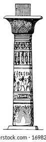 Egyptian Column, ancient, Egypt, colorful, depictions, carved, relief, painted, vintage line drawing or engraving illustration.