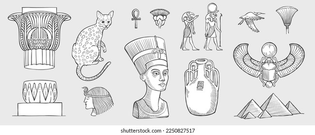 Columna egipcia, gato, faraón, pirámides, clave de vida, Amun Ra, Set, Nefertiti, Scarab, grúa. Ilustración vectorial de estilo de grabado. Iconos históricos antiguos. Emblema dibujado a mano para identidad de primera calidad.