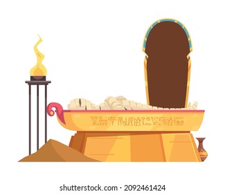 Egyptian composition with images of burning torch with mummy lying inside the golden coffin vector illustration