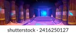 Egyptian corridor with columns, stairs and neon glowing magic portal with vortex. Cartoon vector illustration of ancient archeology pharaoh pyramid room interior with pillars and fantasy entrance.