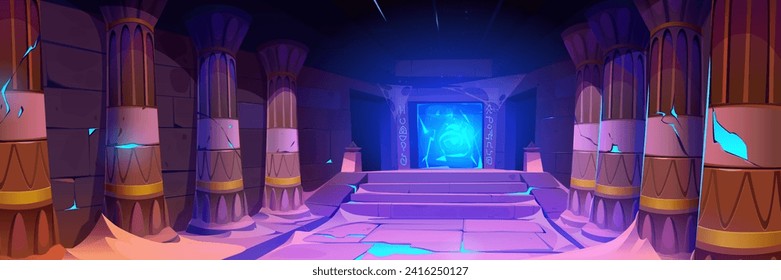 Egyptian corridor with columns, stairs and neon glowing magic portal with vortex. Cartoon vector illustration of ancient archeology pharaoh pyramid room interior with pillars and fantasy entrance.