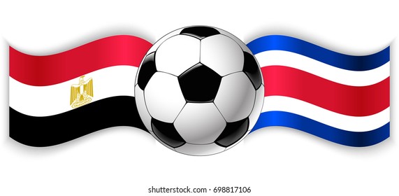 Egyptian and Costa Rican wavy flags with football ball. Egypt combined with Costa Rica isolated on white. Football match or international sport competition concept.